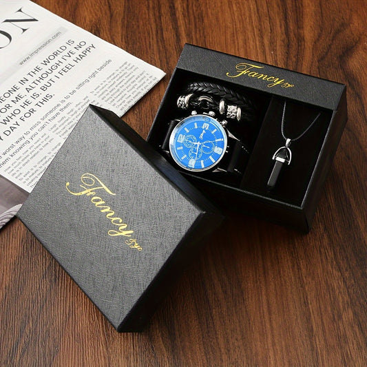 4pcs Set, Gift Box Set Of Boyfriend'S Bracelet, Watch And Necklace For Birthday And Holiday