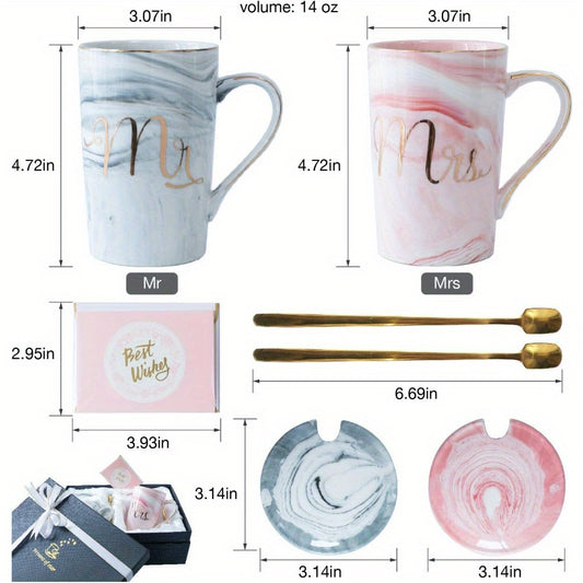 Mr & Mrs Ceramic Marble Coffee Mugs - 14oz Pink & White Marbled Cups with Golden Spoons