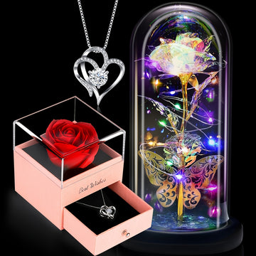 2pcs Light-Up Preserved Rose in Glass & Heart Necklace Gift Set - Enchanting for Her, Perfect for Mom, Wife, Sister, Grandma on Mother's Day, Birthday, Christmas, Valentine's
