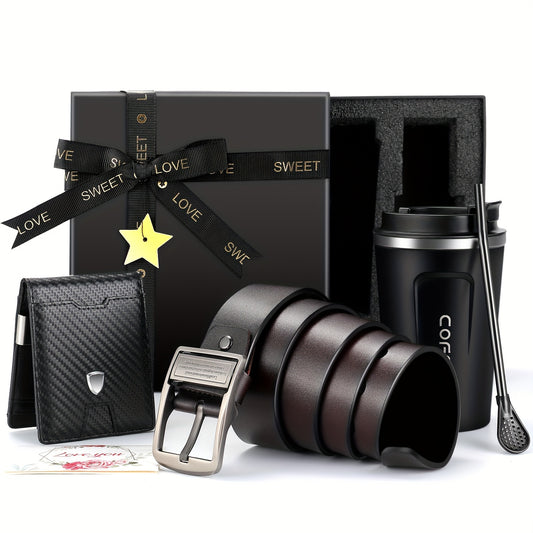 Men's Birthday Gift, Party Favor Box, Greeting Card with Coffee Mug, Wallet and Belt for Dad, Husband, Boyfriend, Best Friend, Personalized Father's Day Gift