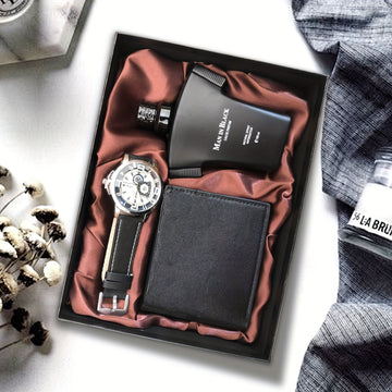 Men'S Premium 3pcs Luxury Gift Set, Business Style Wallet, Chronograph Watch&Cologne Trio-Elegant Fragrance Accessories For Festive Occasions, Best Father'S Day Gifts