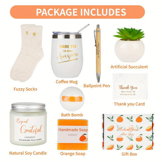 Women's Thank You Gift Basket - Customizable Appreciation, Elegant Thank You Gifts for Female Employees, Birthday, Wedding, Retirement Party Favors - No Assembly Needed Party Packs, Appreciation Cards, Event Favor Baskets, Cohesive Aesthetic, Orange Theme