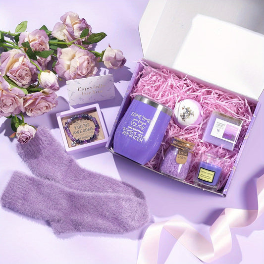 Lavender Gifts for Women Friends- Spa Care Package Mothers Day Gifts 12oz Tumbler Bracelet Candle Handmade Soap Bath Salt Bottle Gifts for Women Wife Sister Girlfriend Teacher Nurse