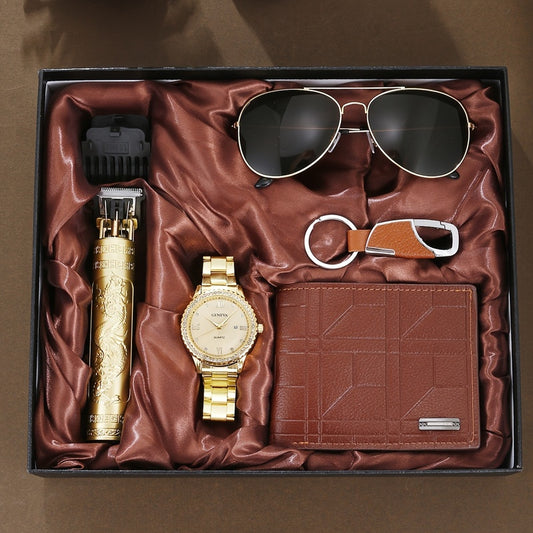 A 5pcs Gift Watch Set Suitable for Both Men And Women, Fashionable Glasses, Wallet, Hair Clipper, Keychain And Watch Set