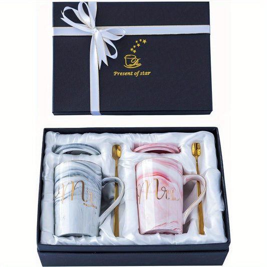 Mr & Mrs Ceramic Marble Coffee Mugs - 14oz Pink & White Marbled Cups with Golden Spoons