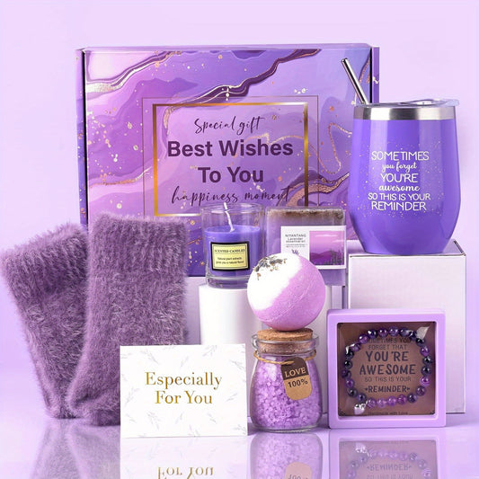 Lavender Gifts for Women Friends- Spa Care Package Mothers Day Gifts 12oz Tumbler Bracelet Candle Handmade Soap Bath Salt Bottle Gifts for Women Wife Sister Girlfriend Teacher Nurse
