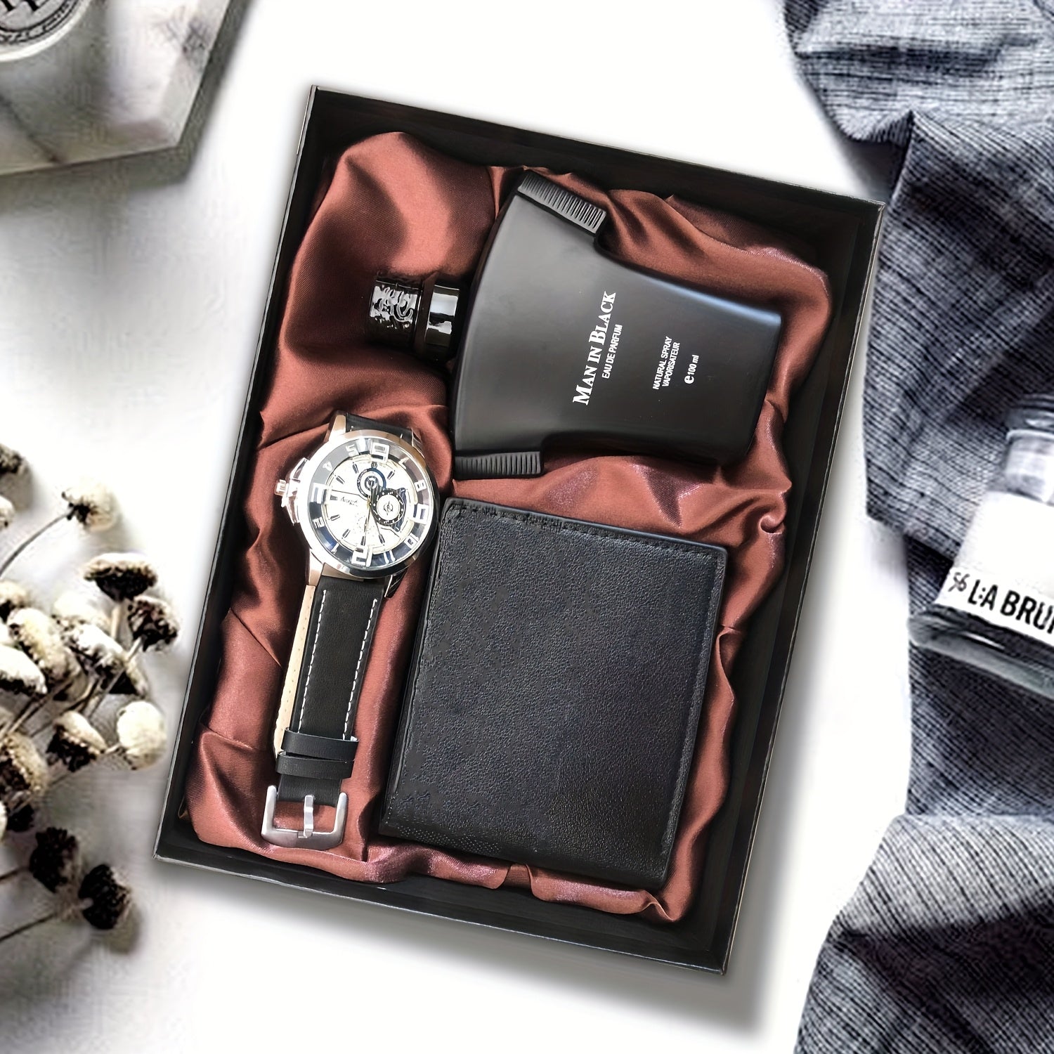 Men'S Premium 3pcs Luxury Gift Set, Business Style Wallet, Chronograph Watch&Cologne Trio-Elegant Fragrance Accessories For Festive Occasions, Best Father'S Day Gifts