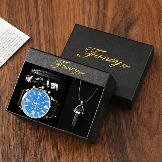 4pcs Set, Gift Box Set Of Boyfriend'S Bracelet, Watch And Necklace For Birthday And Holiday