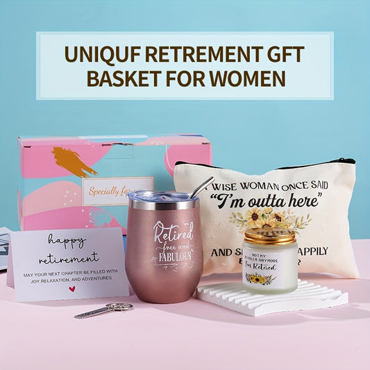 Retirement Gifts for Women, Retirement Gift Set for Coworker, Friend, Nurse, Mom, Retiree - Christmas Retirement Gift Ideas with Wine Glass, Makeup Bag, Keychain