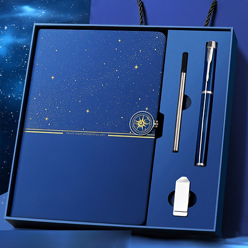 [Starry Sky Notebook] 4pcs High End Business Notebook Set With Magnetic Buckle And Imitation Leather Cover - Deep Starry Sky - Comes With Signature Pen USB Drive And Pen Core, Birthday, Christmas Day, And Handheld Gifts