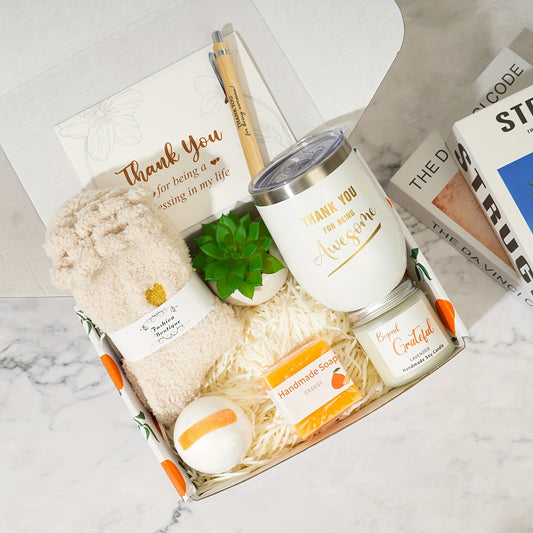 Women's Thank You Gift Basket - Customizable Appreciation, Elegant Thank You Gifts for Female Employees, Birthday, Wedding, Retirement Party Favors - No Assembly Needed Party Packs, Appreciation Cards, Event Favor Baskets, Cohesive Aesthetic, Orange Theme