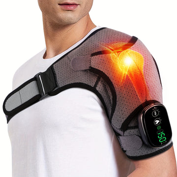 Rechargeable Portable Heated Shoulder Massager with Electric Heating Pad, Ergonomic Design Shoulder Strap, Adjustable Heat Vibration Settings for Men and Women